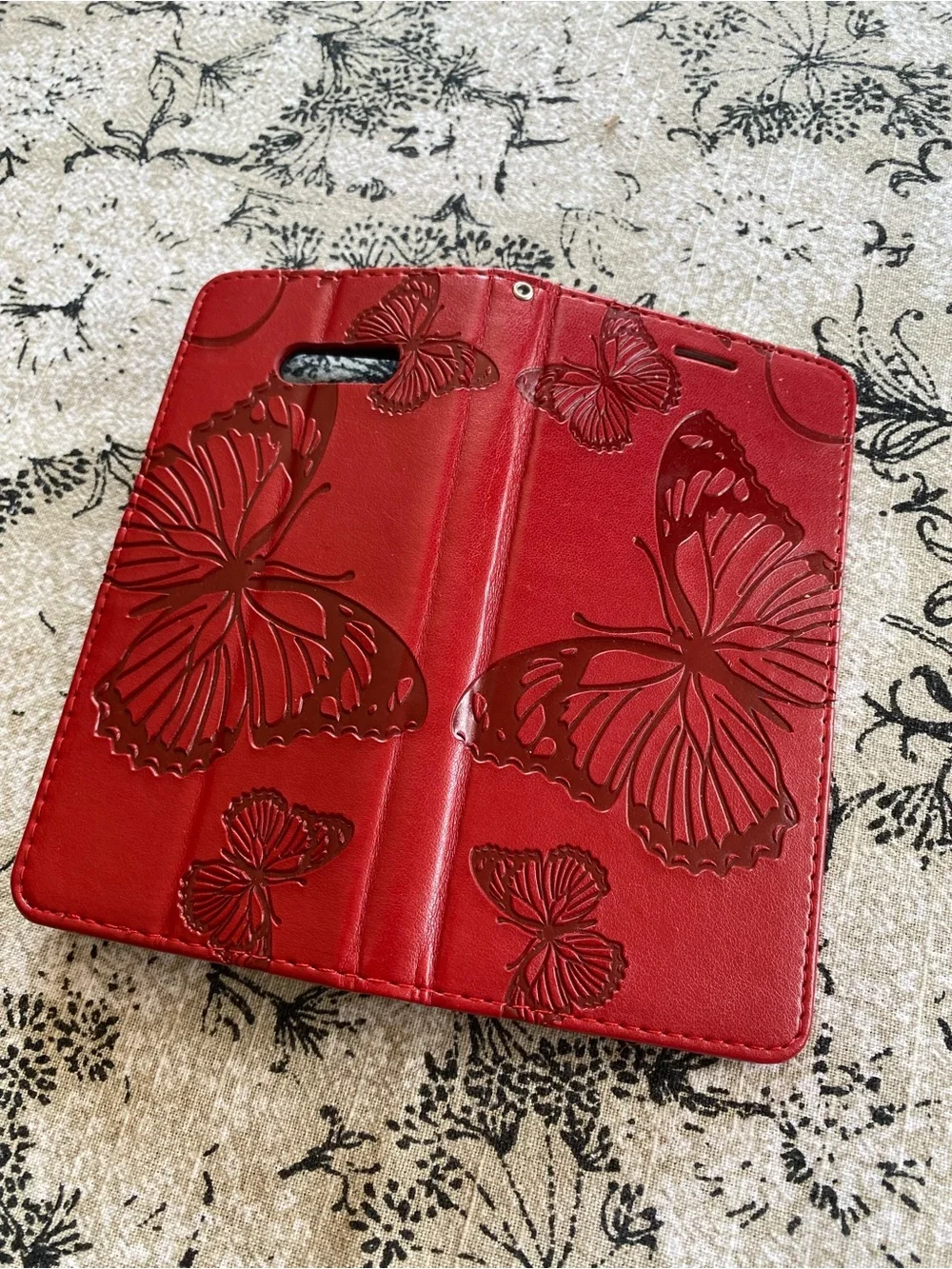 Red Butterfly Leather Embossed Cell Phone Case Cover With Card Holders